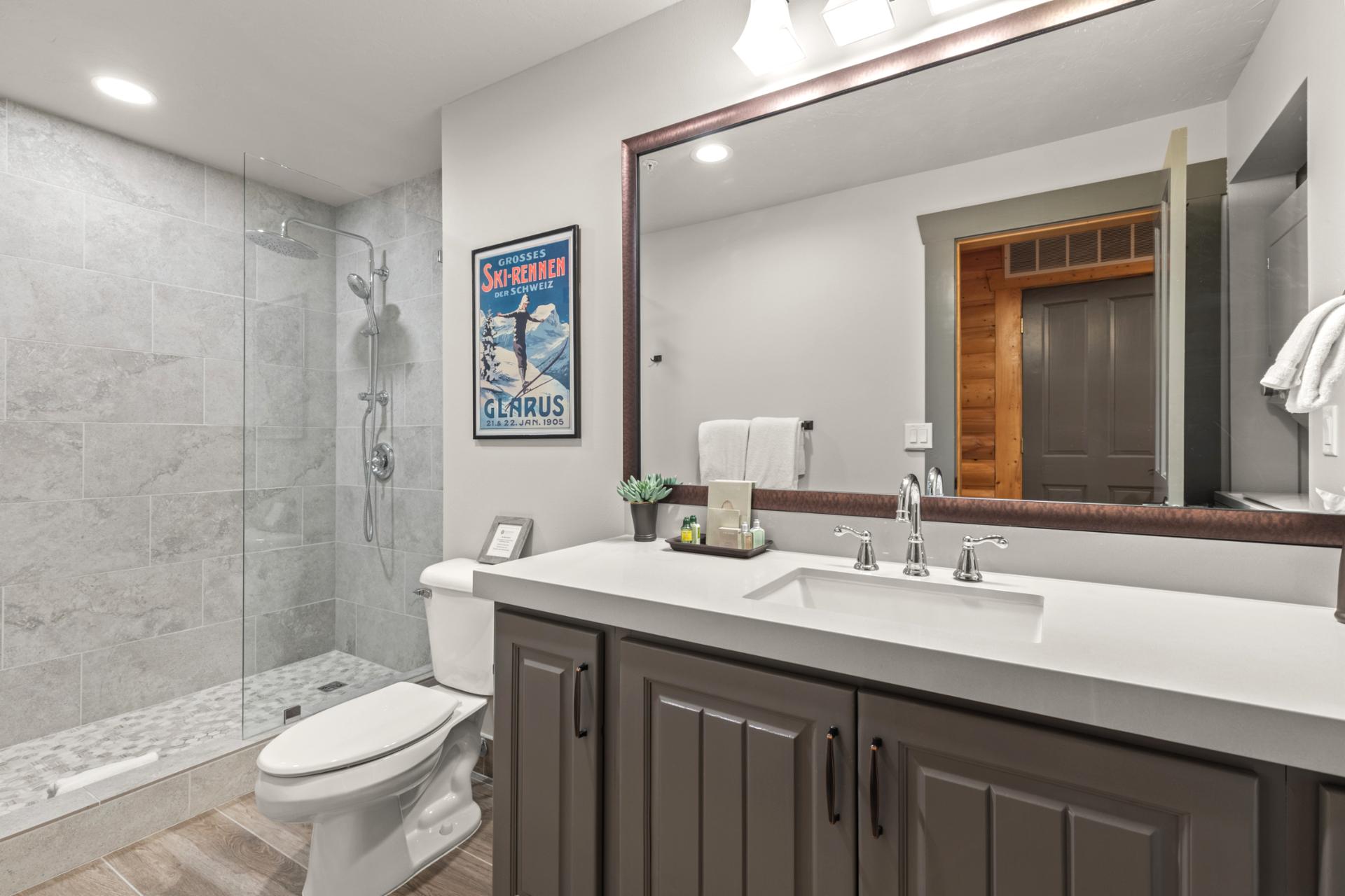 Guest bath includes a walk-in shower and granite vanity with thoughtful modern finishes.