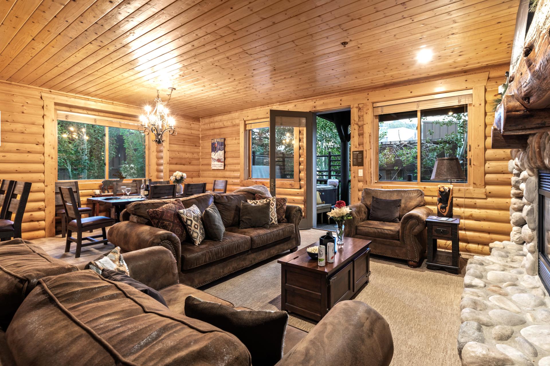 Settle in for a cozy evening around the fireplace with plenty of seating for your whole group.
