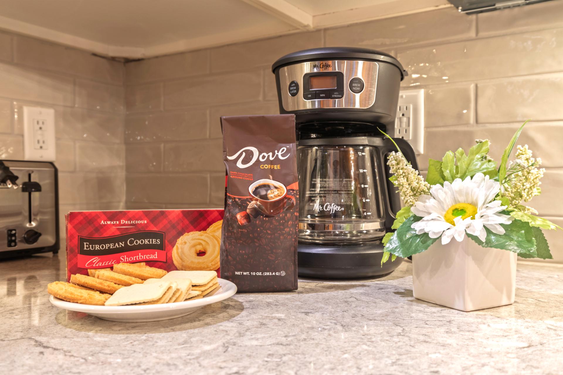 Wake up to the smell of fresh coffee with this thoughtfully stocked beverage station.