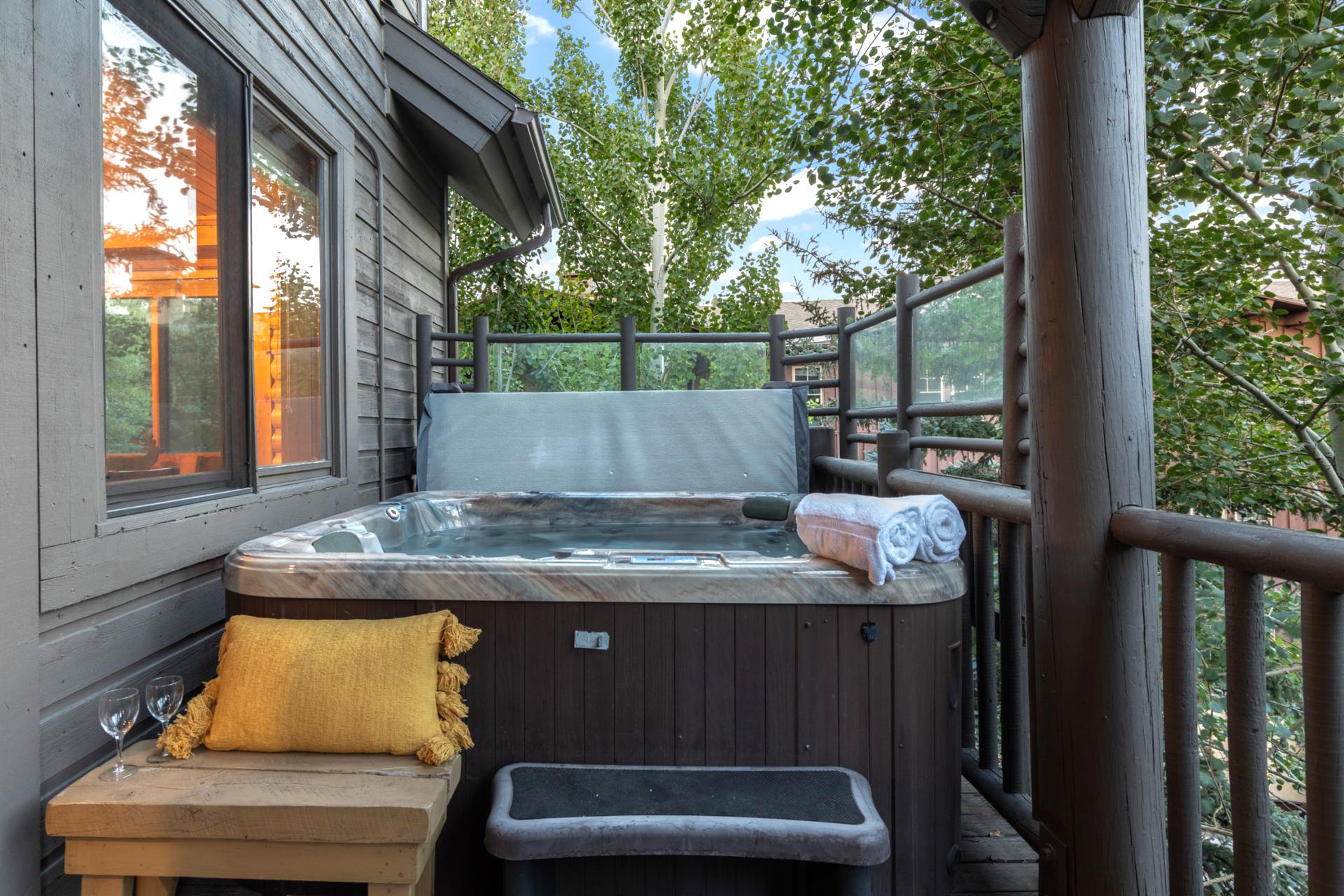 Hot tub on-site offers the perfect way to relax and enjoy fresh mountain air.