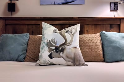 Plush bedding and mountain textures invite restful nights in the primary bedroom.