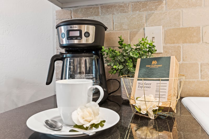 Start your day with a fresh brew from the in-unit coffee station stocked with local perks.