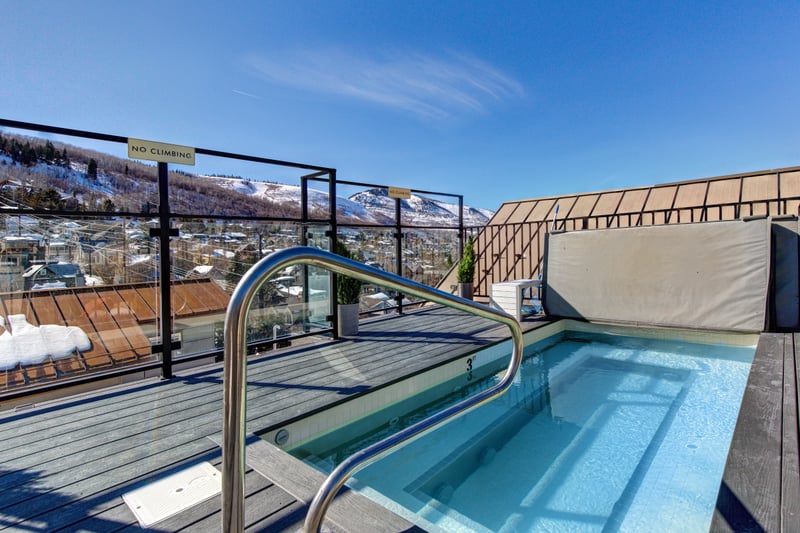 Common Rooftop view with Hot tub and views across the snowy rooftops and trees.