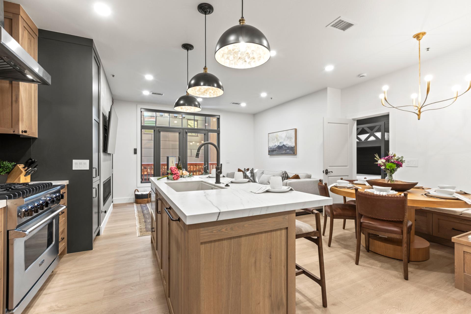 Open layout connects kitchen, dining, and living spaces for seamless group time.