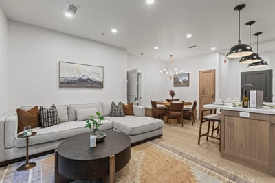 Clean lines and soft textiles give this open living area a modern, welcoming feel.