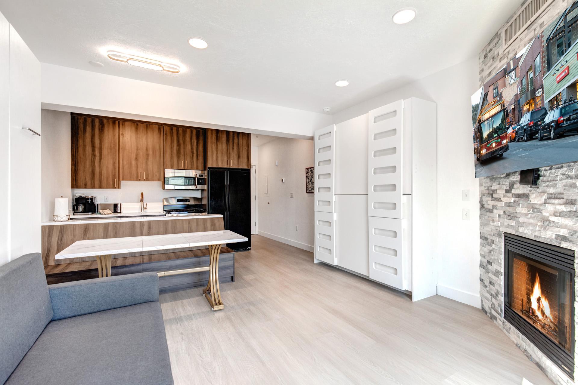 Cozy up by the fire after a mountain adventure, or open the doors for a fresh breeze and balcony access.