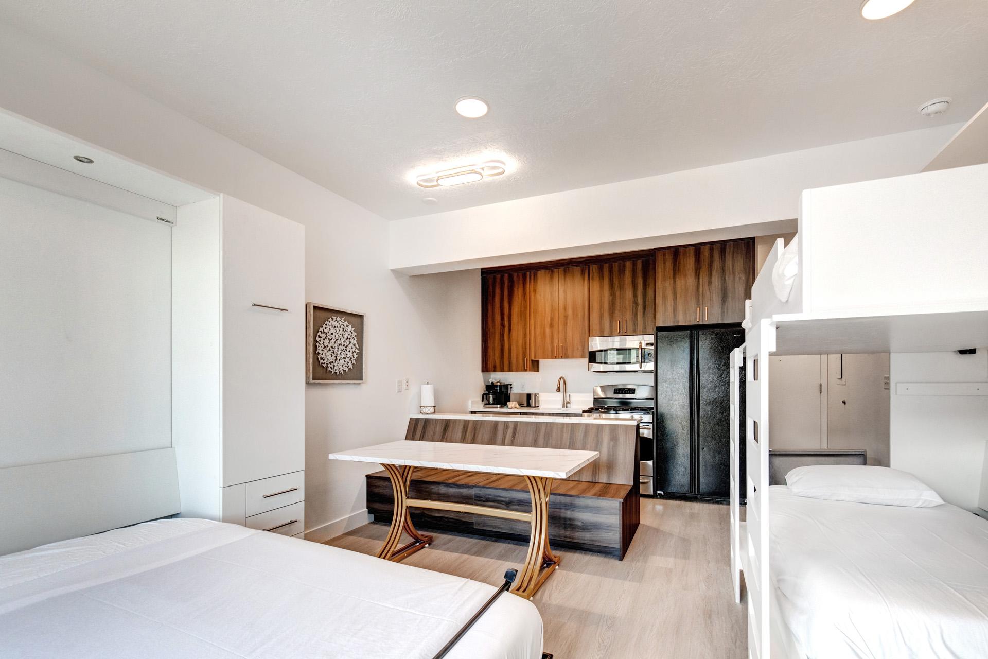 Host laid-back breakfasts or après-ski meals at your dining table with seating for four.