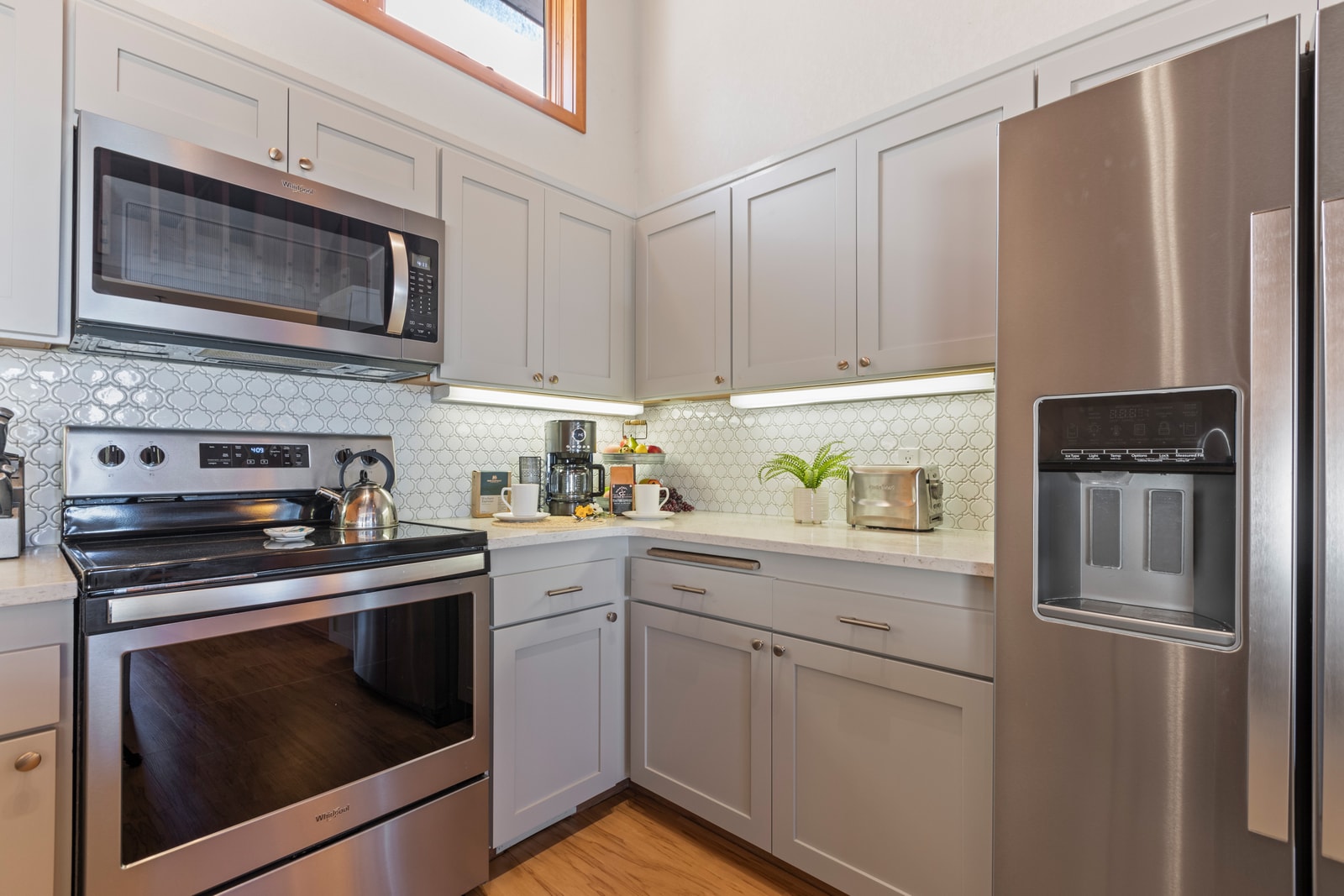 Bright and functional, this kitchen includes everything needed for easy vacation cooking.
