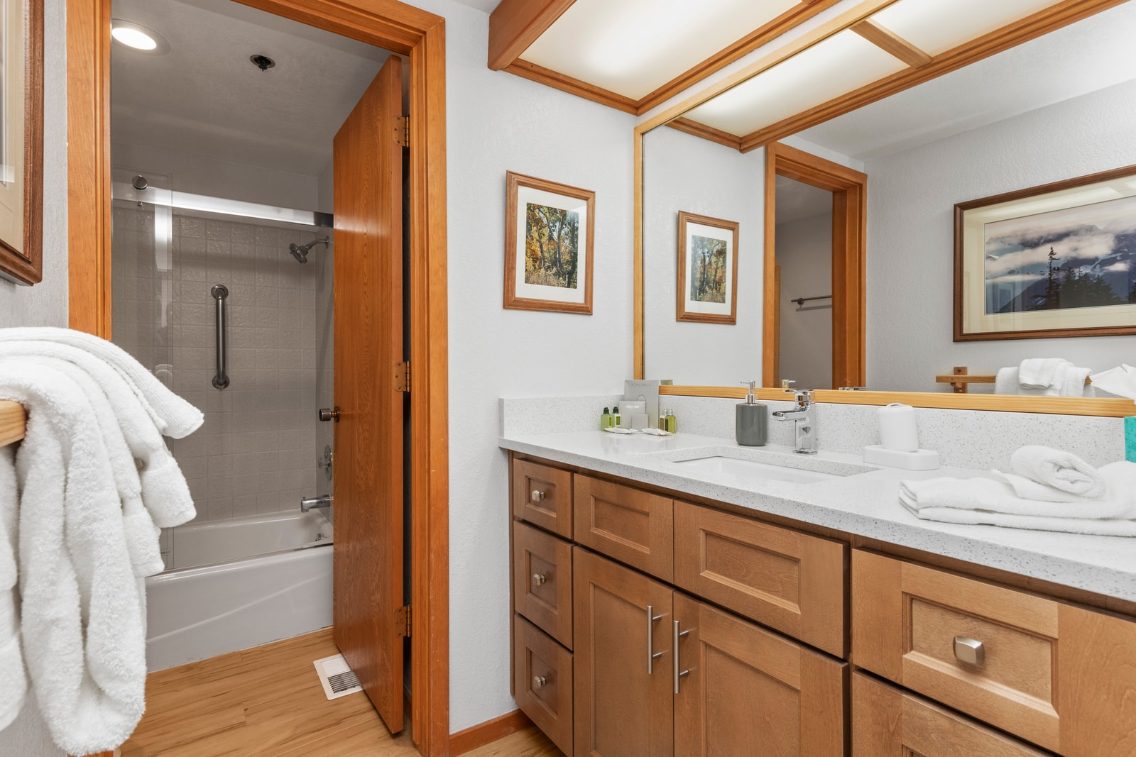 Shared bathroom with full tub/shower combo and plenty of vanity storage.