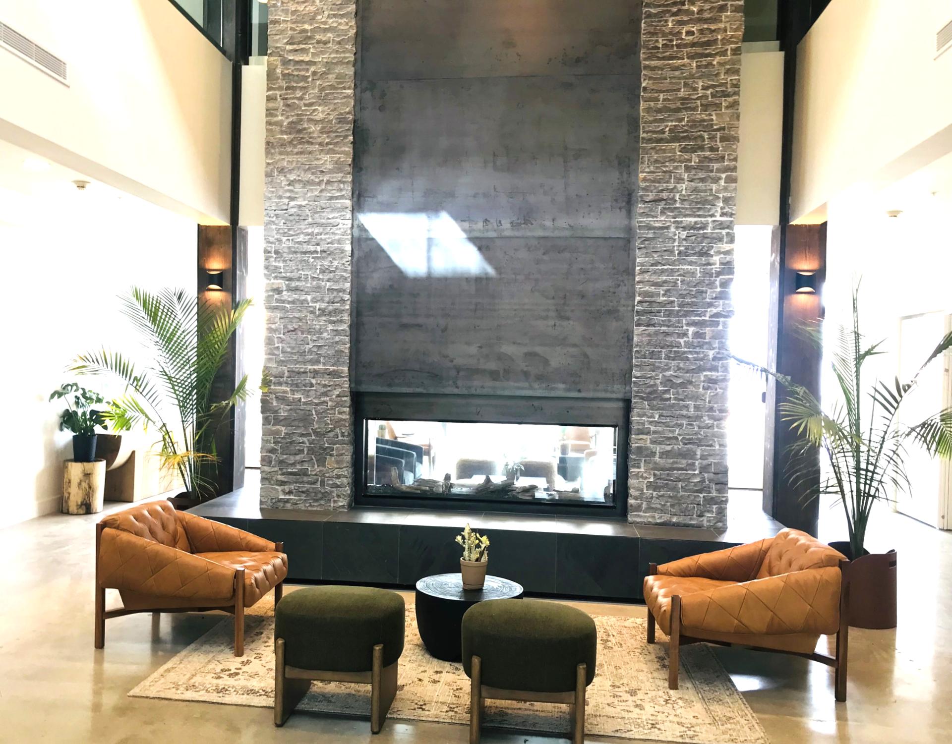 Stylish seating and natural textures welcome you to Stillwater in The Mason’s main entrance.