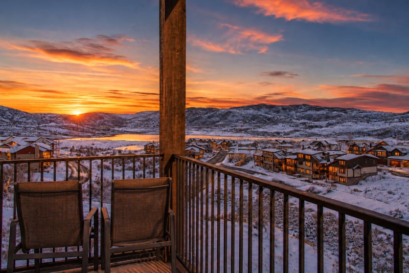 Watch day break over Jordanelle Reservoir from your private balcony, where the Wasatch peaks glow gold at sunrise.