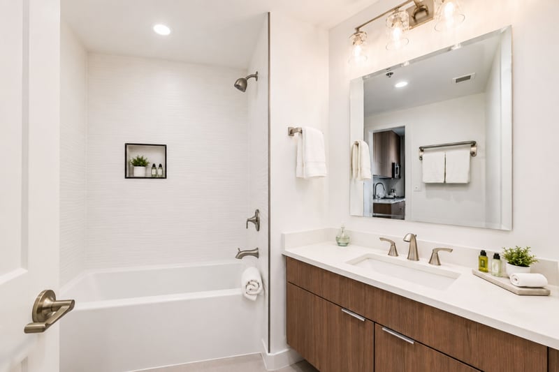 A deep soaking tub with an overhead shower gives this guest bath the flexibility for a quick rinse or a long soak.
