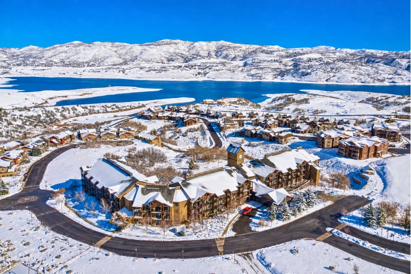 An aerial look at The Mason shows just how close you are to Jordanelle Reservoir and the surrounding slopes.