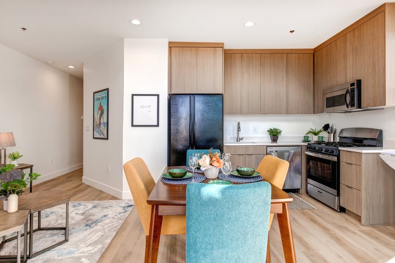 Open space kitchen with dining and living space