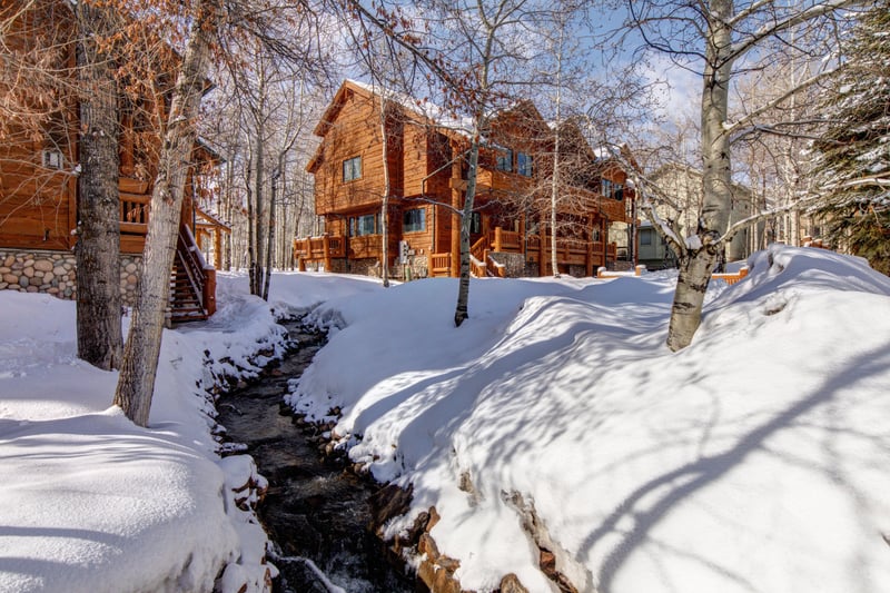 Snow-covered cabins beside a stream, surrounded by peaceful bare winter trees. TWL-5B
