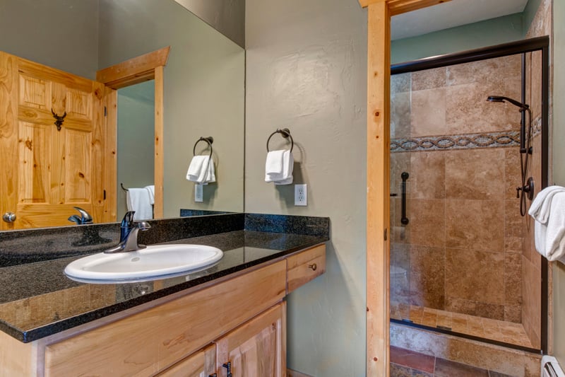 Primary ensuite bath features a granite vanity and walk-in shower with stone tile surround.