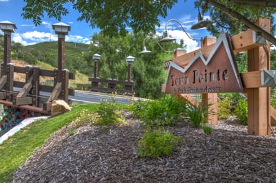 Pine trees and manicured grounds create a peaceful mountain arrival.