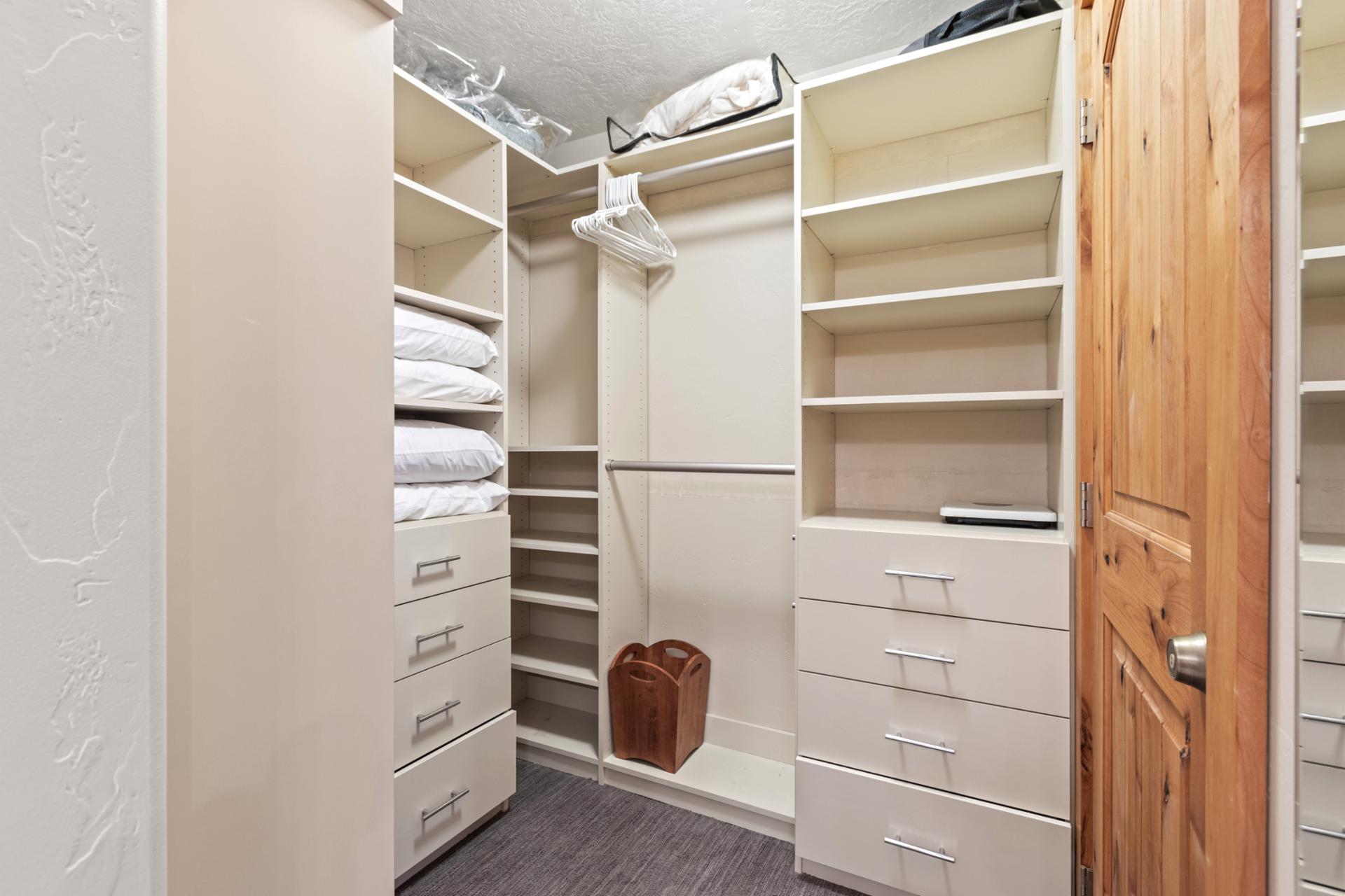 Generous walk-in closet space keeps your stay organized and clutter-free.