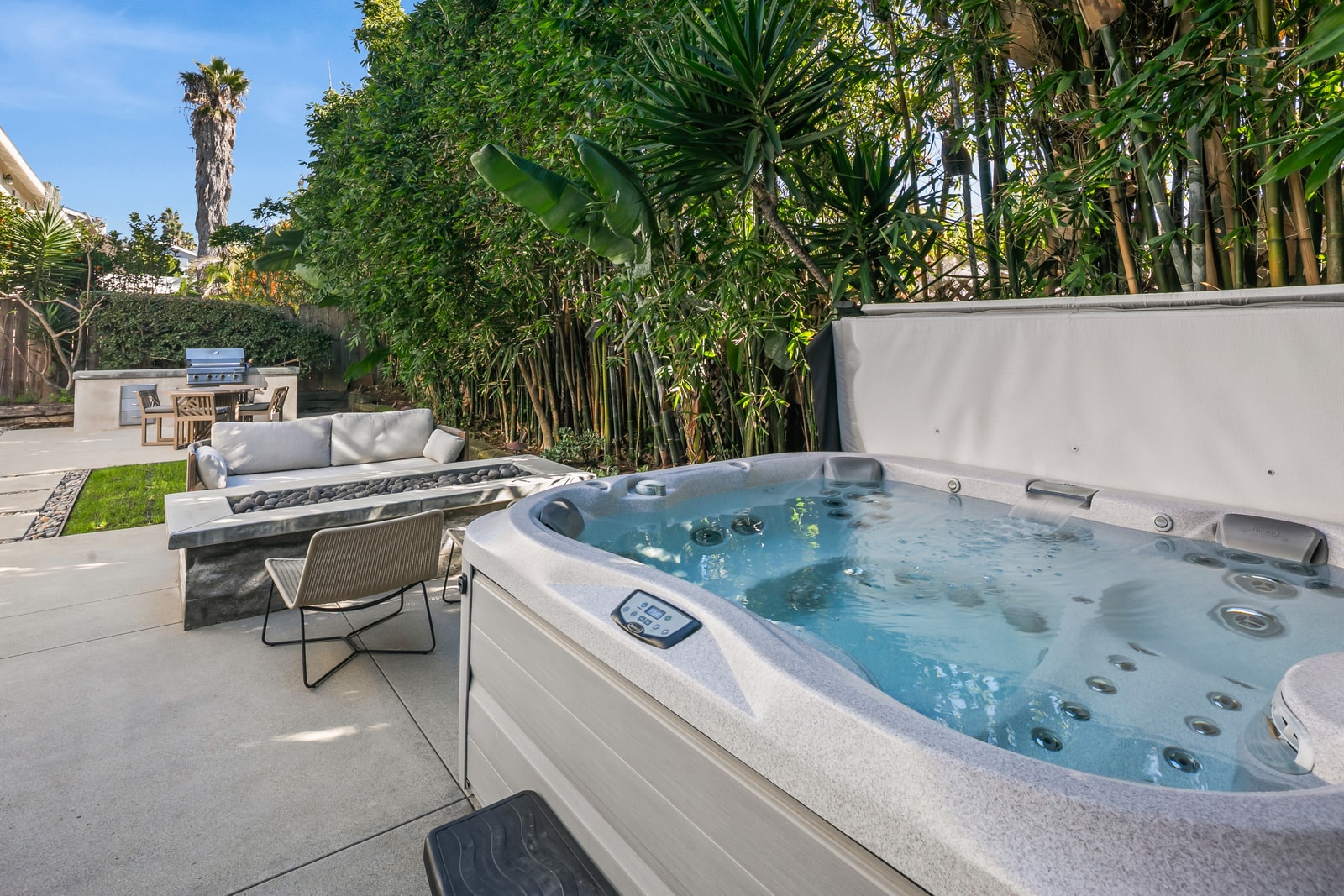 A closer look highlights the spacious hot tub, ready for soothing soaks after beach days.