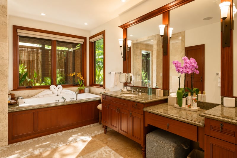 The guest bedrooms' ensuite bath features spacious dual vanities