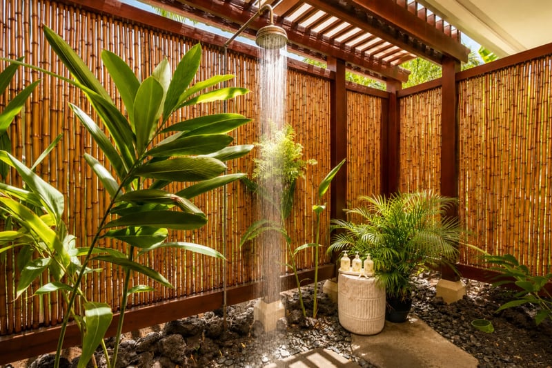 The outdoor rainfall shower encapsulates the island experience and is the perfect place to wash off sand after a day on the beach