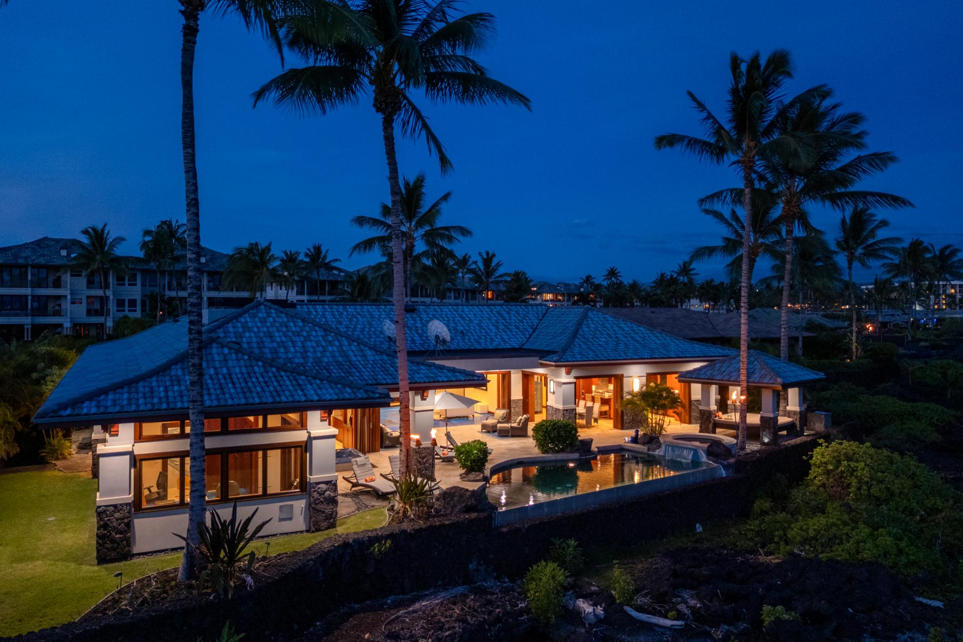 Hale Nani glows at golden hour, with luxury finishes and inviting outdoor space.