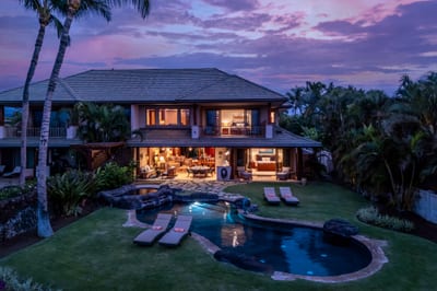 An aerial view captures the home's architecture set among rich greenery