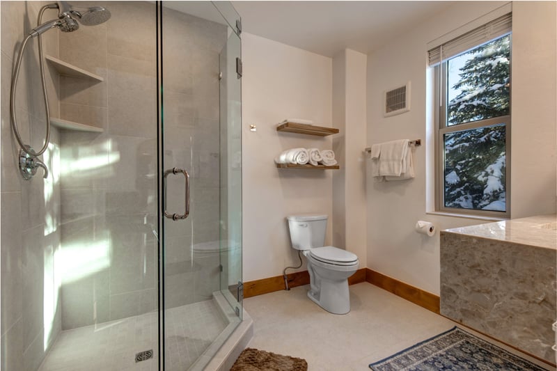 Guest bathroom with glass walk-in shower and toilet with a snow-covered forest view