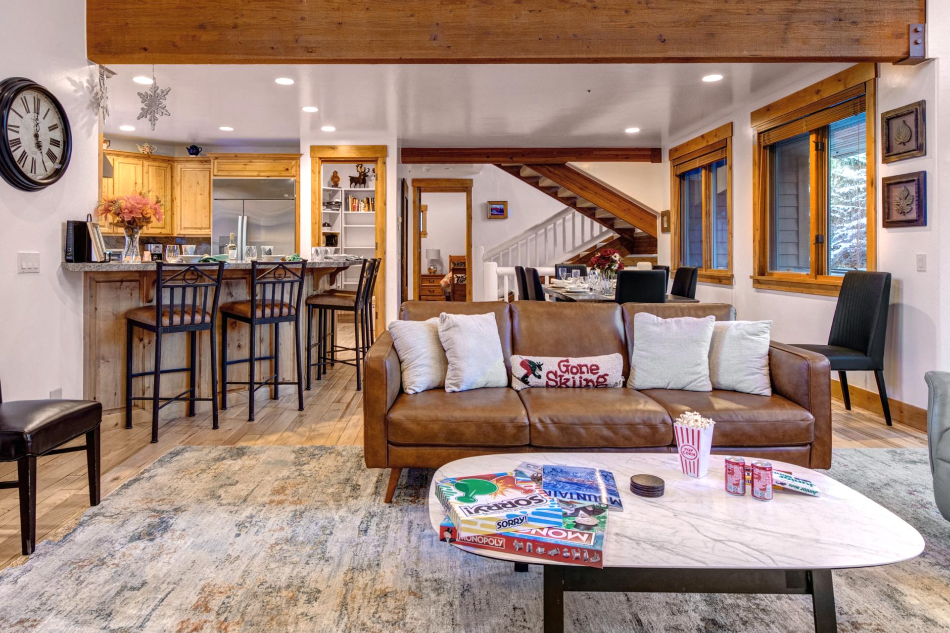Plenty of space to for all to spread out or gather together with this open space kitchen, dining and living room