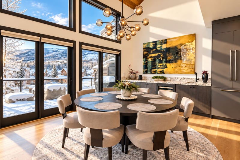 Dining for 8 with additional 3 kitchen bar stools.