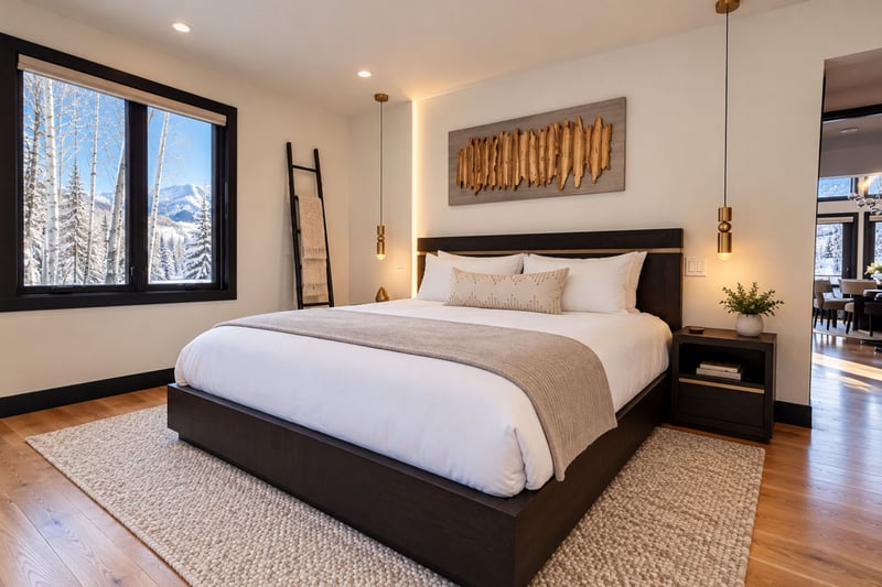 Primary King bedroom with pendent lights, Hunter Douglas remote shades and access to the private hot tub