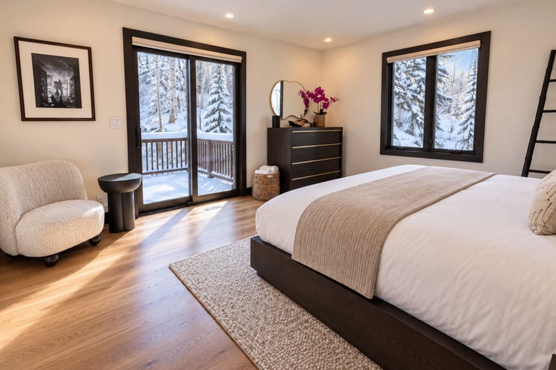 Relax in the comfort in this primary bedroom, access to the hot tub and plenty of sunlight.
