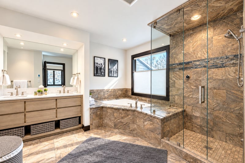 Primary bathroom with step in shower, soaking tub and two sinks.