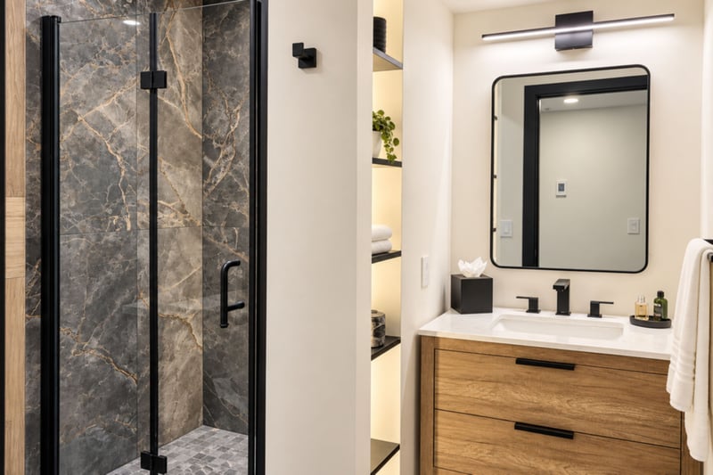 Located on main entrance level, this shared bathroom is perfect for the bunk room group. Step in shower.