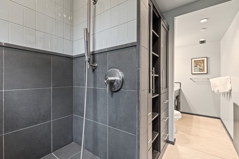  Walk-in shower with dark tile and premium fixtures creates a spa-like guest bath.