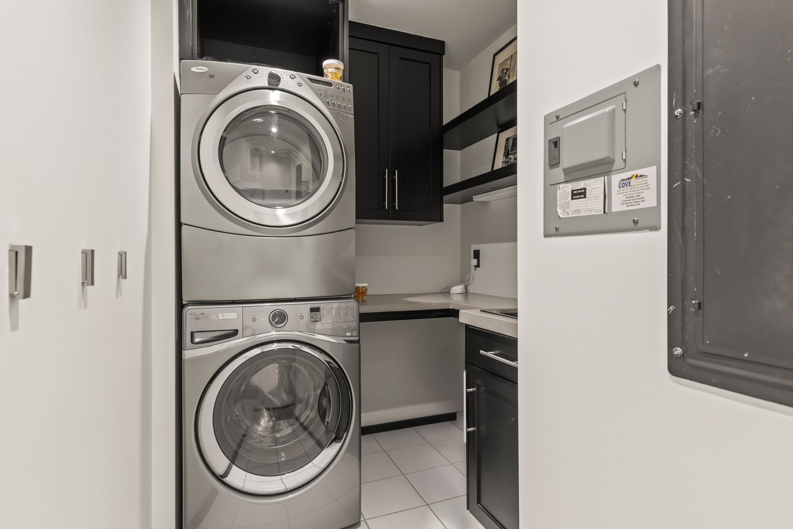 Washer and dryer are conveniently located and tucked away near sleeping quarters.