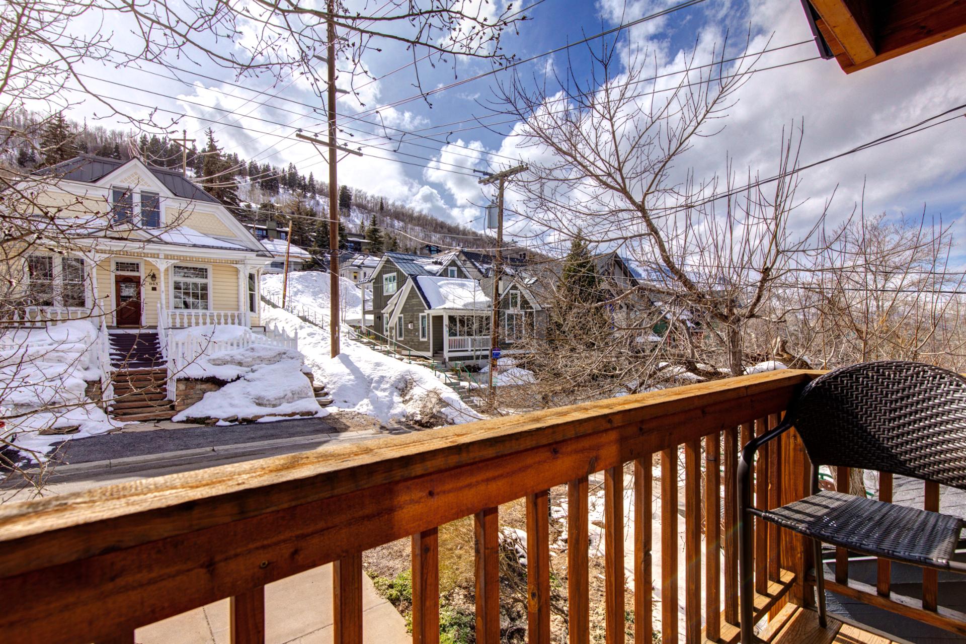 Check out the snow conditions on the ski slopes from the front deck