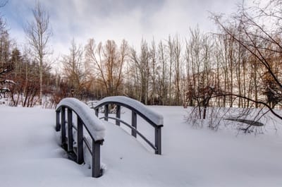 Snowy paths and a private footbridge set the tone for winter wonderland strolls.