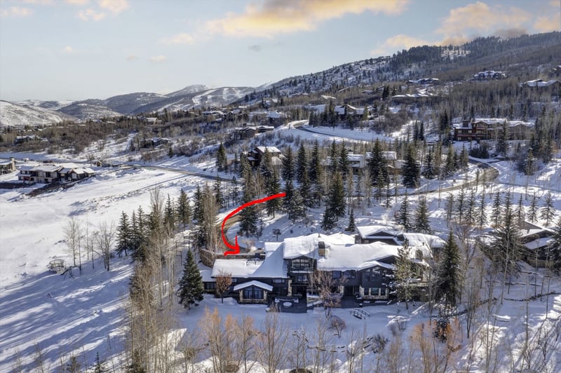 Aerial view reveals the full estate and private setting surrounded by forest and trails.