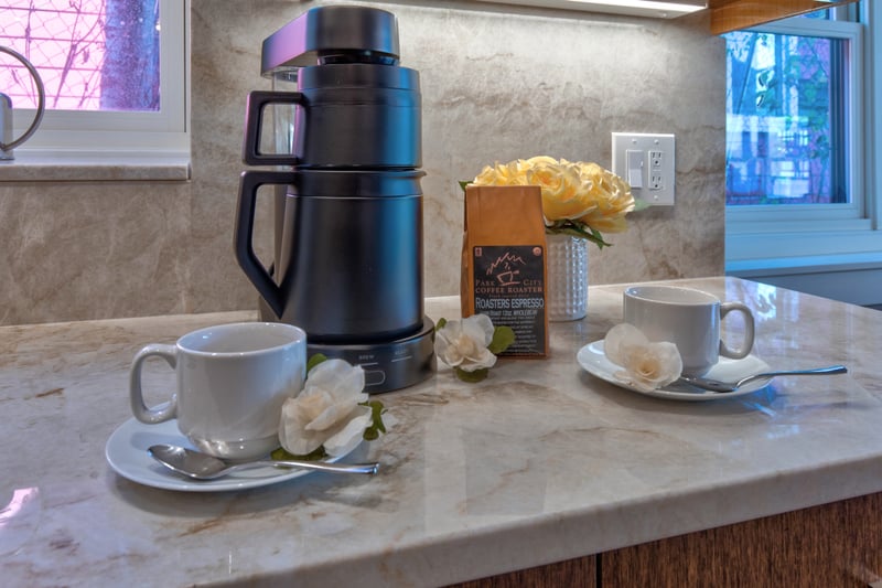 Coffee bar at Luxury Private Home PEA-1009 — locally roasted Park City Coffee Roasters espresso brewing steps from Old Town's Main Street PEA-1009