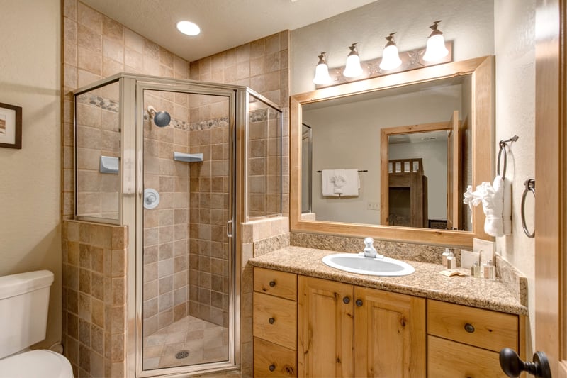 Step into the lower-level bath with walk-in shower and natural stone tile.