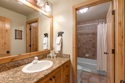 Alternate view of the main-level guest bath showing the granite counters and full-size tub/shower.