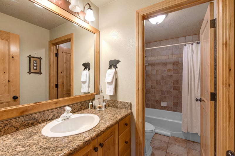 Alternate view of the main-level guest bath showing the granite counters and full-size tub/shower.