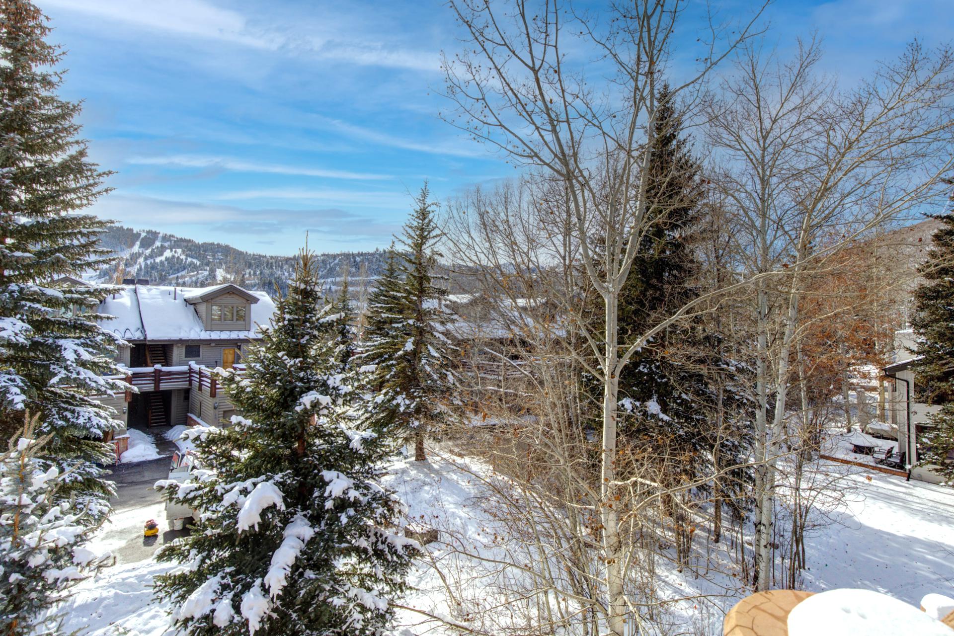 Private deck access from main bedroom provides winter scene with snow-covered trees