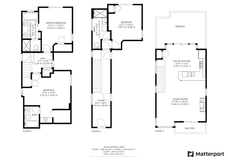 Three-story layout offers separate living and sleeping zones for a spacious and private stay.
