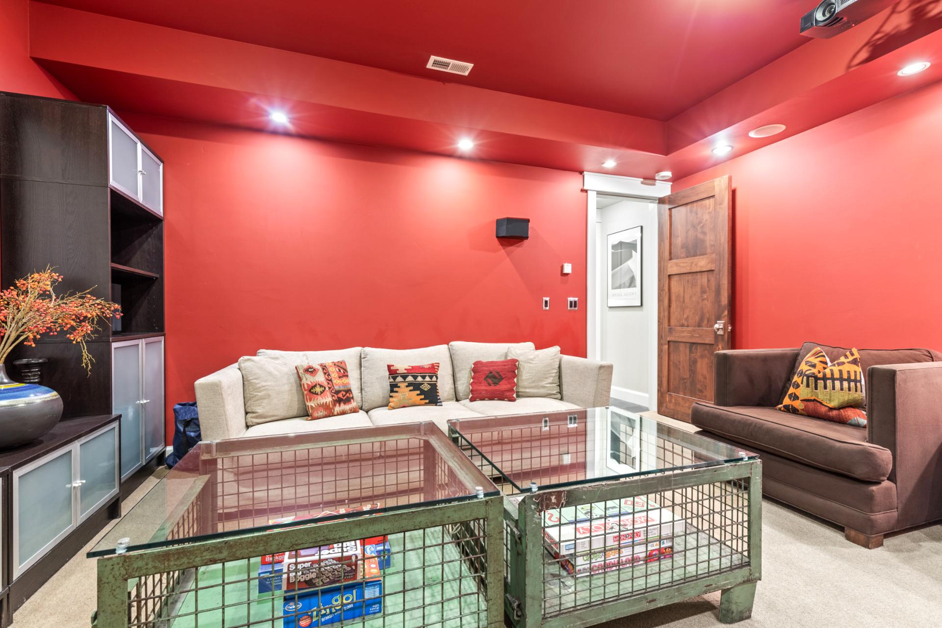 Second view of your lounge zone with fun pops of color and space to spread out.