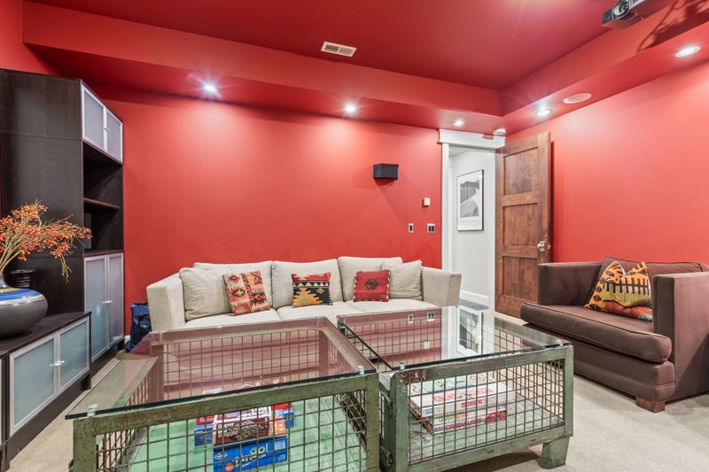 Second view of your lounge zone with fun pops of color and space to spread out.