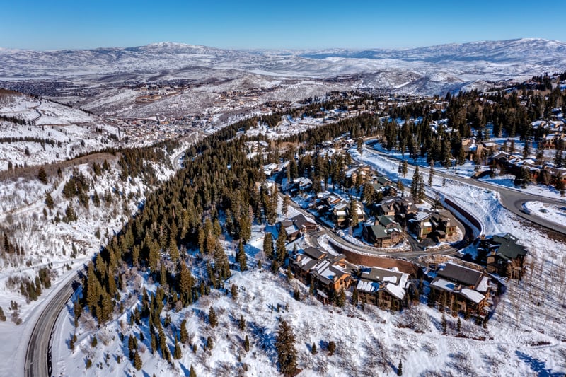 Aerial winter view reveals the full scale of this stunning Park City escape.