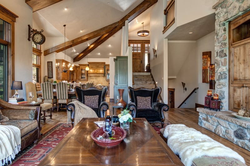 This alternate angle shows the open plan between kitchen, dining, and living for easy entertaining.