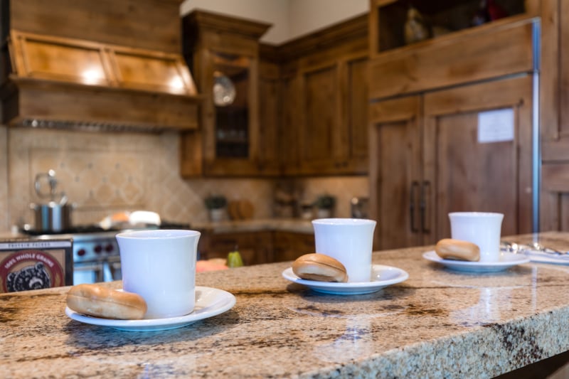 Cozy counter seating for three makes it easy to fuel up for a day of mountain adventures.
